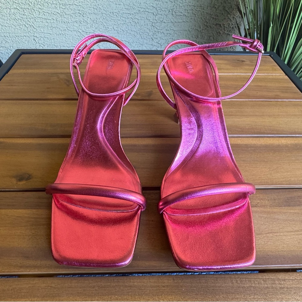 Zara Metallic Pink Heeled Sandals